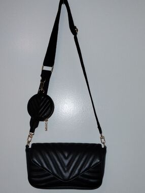 Black Quilted Crossbody Bag with Detachable Round Coin Pouch - Women
